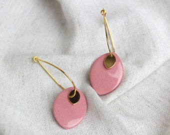 dusty rose ceramic earrings • handmade jewelry • delicate pink earrings • hoop earrings gold jewelry • lightweight • Valentine's Day gift for her