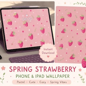 Spring strawberry wallpaper | cute pink iPhone and iPad wallpaper | pastel spring aesthetic digital download