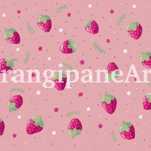 Può includere: Un motivo ripetitivo su sfondo rosa polvere con fragole rosso brillante con piccioli verdi, piccoli fiori bianchi, minuscoli puntini rosa scuro e delicati rametti di foglie verdi. Il testo FrangipaneArt è centrato in bianco.