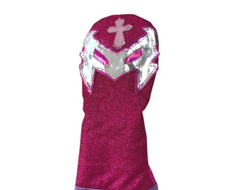 Copritesta per ibridi da golf Chipnputt, maschera messicana da luchador, dettagli rosa e argento, fatto a mano (compatibile solo con ibridi)