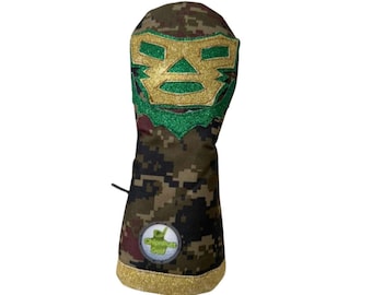 Copritesta per mazze da golf ibride Chipnputt, maschera messicana da luchador, mimetica, dettagli oro e neri, realizzata a mano (compatibile solo con mazze ibride)