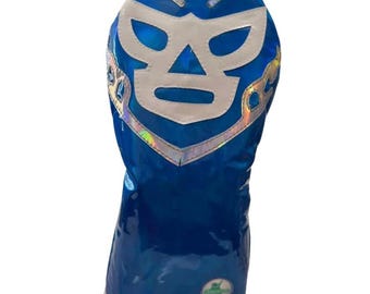 Chipnputt Golf Copritesta per driver da golf con maschera da luchador messicano / Blu e argento Adatto a driver da 460cc, fatto a mano