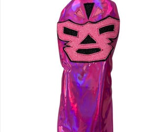 Copritesta per ibridi da golf Chipnputt, maschera messicana da luchador, dettagli rosa e neri, fatto a mano (compatibile solo con ibridi)