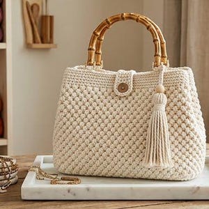 Peut inclure: Sac à main en crochet crème avec une anse en bambou et une pampille. Le sac est doté d'une fermeture à bouton et repose sur un plateau en marbre blanc. Un article décoratif pour transporter l'essentiel.
