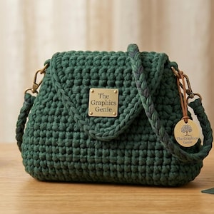 May include: A dark green crocheted handbag with a braided shoulder strap and a gold-toned metal plaque on the front flap featuring the text The Graphics Genie. A round wooden tag with a tree logo and the text The Graphics Genie hangs from the side.