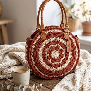 Virkmönster för terrakottaväska i cirkelformat i PDF-format | Boho rund väska i mandala-stil | Spiral axelväska