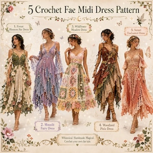 Peut inclure: Un affichage numérique intitulé 5 Crochet Fae Midi Dress Pattern présentant cinq robes en crochet distinctes : Forest Blossom Fae Dress, Moonlit Fairy Dress, Wildflower Meadow Dress, Woodland Pixie Dress et Sunset Enchanted Dress.