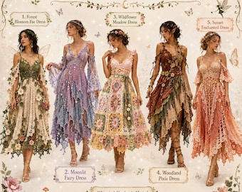 May include: A digital display titled 5 Crochet Fae Midi Dress Pattern featuring five distinct crochet dresses: the Forest Blossom Fae Dress, Moonlit Fairy Dress, Wildflower Meadow Dress, Woodland Pixie Dress, and the Sunset Enchanted Dress.
