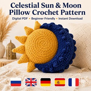 May include: A crochet pillow shaped like a sun and moon combination. The sun side is yellow with triangular rays, and the moon side is dark blue with a textured surface. The text reads: Celestial Sun & Moon Pillow Crochet Pattern, Digital PDF, Beginner Friendly, Instant Download.