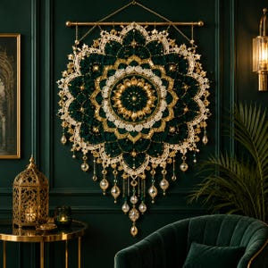 May include: A large circular wall hanging featuring intricate dark green fabric layers, cream-colored lace trim, and metallic gold accents. The piece is suspended from a gold rod and adorned with dangling clear crystal-like teardrop beads.