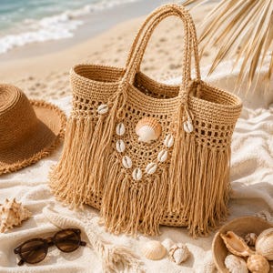 Può includere: Una borsa tote all'uncinetto color beige con una grande conchiglia centrale, frange e una disposizione decorativa di conchiglie bianche. La borsa ha due manici intrecciati e un design aperto con un motivo a griglia nella parte superiore.