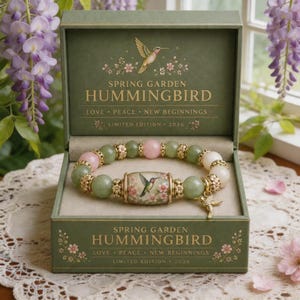May include: A beaded bracelet featuring green and pink stones, gold-toned spacers, and a central cylindrical bead with a hummingbird and floral design. A small gold hummingbird charm hangs from the bracelet, presented in a green box with the text SPRING GARDEN HUMMINGBIRD LOVE PEACE NEW BEGINNINGS LIMITED EDITION 2026.