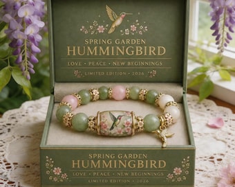Pulsera elástica con cuentas de colibrí, pulsera de piedra de jade verde natural, pulsera bohemia con dije de mariposa rosa, regalo para mujer.