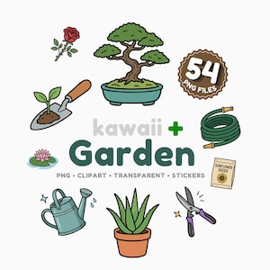 May include: A collection of kawaii garden-themed clip art. Includes a bonsai tree, watering can, aloe vera plant, rose, trowel, and other gardening elements. The text "kawaii + Garden" is also present, along with "54 PNG FILES".