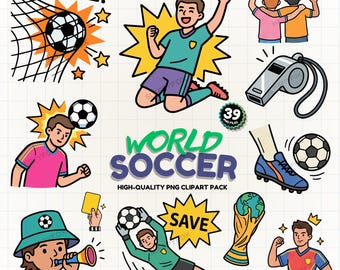May include: A collection of soccer-themed digital illustrations featuring players in various jerseys, a soccer ball entering a net with the text GOAL, a whistle, a trophy, a referee holding a yellow card, and the text WORLD SOCCER HIGH-QUALITY PNG CLIPART PACK.