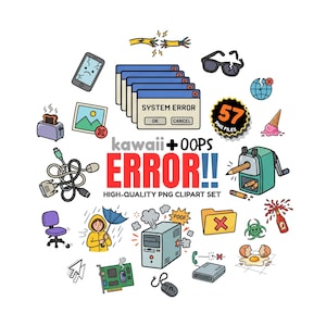Puede incluir: Un conjunto de imágenes digitales con varios iconos sobre errores y roturas, incluyendo una ventana de error del sistema, un teléfono agrietado, gafas rotas, una torre de ordenador humeante y el texto Kawaii+OOPS ERROR!!