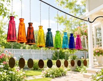 Hand Cut Glass Bottle Wind Chime, Pyramid Glass Wind Chime, Garden Decor, Outdoor Hanging Decor, Patio Gift, Housewarming Gift