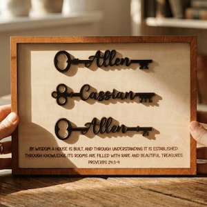 May include: A rectangular wooden frame containing a light-colored backing with three black key-shaped cutouts featuring the names Allen, Cassian, and Allen. Below the keys, the text reads: BY WISDOM A HOUSE IS BUILT, AND THROUGH UNDERSTANDING IT IS ESTABLISHED: THROUGH KNOWLEDGE ITS ROOMS ARE FILLED WITH RARE AND BEAUTIFUL TREASURES PROVERBS 24:3-4.