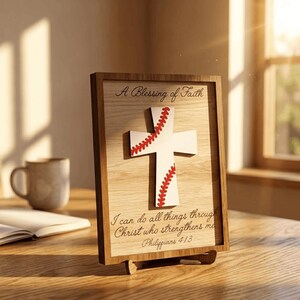 May include: Wooden framed artwork featuring a white cross with red baseball stitching. The artwork includes the text "A Blessing of Faith" and a Bible verse from Philippians 4:13. The frame is made of light brown wood.