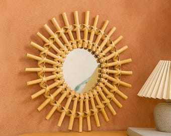 Boho Bambus Sunburst Spiegel - 40 cm Rattan Wanddekor, Mid-Century Style Akzent
