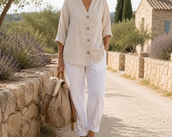 Linnen tuniektop dames, losse linnen blouse met v-hals, lichtgewicht zomershirt, oversized boho-linnen kleding