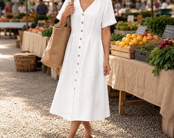 Robe bohème midi en lin pour femme, robe d'été ample avec poches, robe en coton boutonnée sur le devant, tenue fluide décontractée midi