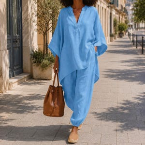 Frauen Baumwoll-Leinen Zweiteiler, passendes Sommer Outfit, Loose Fit Lounge Set, lässige Reisekleidung, Boho Urlaubskleidung