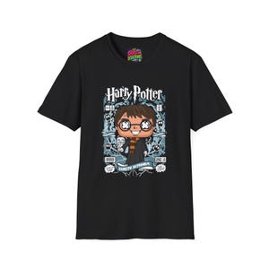 May include: A black short-sleeve t-shirt featuring a graphic print of a cartoon character with glasses, a scarf, and a small owl. The design includes the text Harry Potter, Expecto Patronum, and other comic book style elements in blue and white.