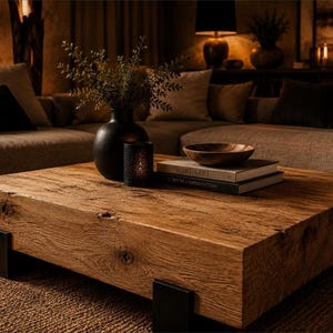 Reclaimed Oak Coffee Table, Hand-Forged Steel Legs — Gendrino Mobilier N1 — EPW&F