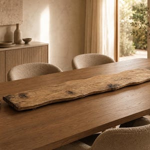 Peut inclure: Une longue planche de service rectangulaire en bois avec une finition naturelle à bord brut et un grain de bois visible. La planche présente une texture rustique et patinée avec des nœuds sombres et une couleur brun clair.