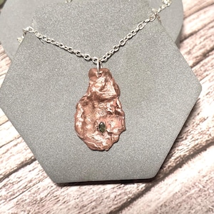 Copper Shell Pendant Necklace with Emerald CZ Gemstone, Nautical Coastal Jewelry