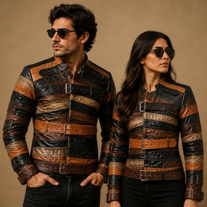 May include: Two jackets made of horizontal leather panels in shades of black, dark brown, and tan. Each jacket features a high collar, long sleeves, and three horizontal buckled straps across the front torso, with additional buckled straps on the cuffs.