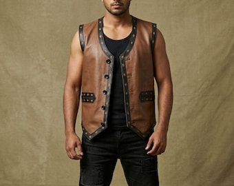 The Gladiator Brown Motorcycle Vest | Handmade Western Vintage Biker Leather Waiscoat With Back Patch