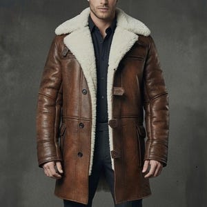 May include: A brown leather coat featuring a thick white shearling lining and a large fold-over collar. The coat includes dark buttons, toggle closures, and two front pockets. It is worn over a black button-down shirt and dark trousers.