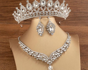 Bridal Crown Jewelry Set – Rhinestone Tiara, Necklace, Earrings for Bride