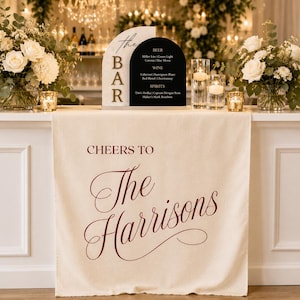Custom Linen Bar Sign, Cheers To The Smiths Drape Banner, Wedding Reception Decor, Personalized Last Name Sign, Bridal Shower Backdrop