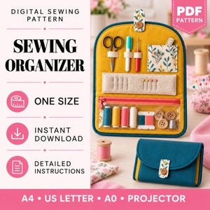 May include: A digital sewing pattern for a sewing organizer. The image shows an open mustard yellow fabric organizer with pockets for scissors, pens, needles, and thread, plus a closed teal fabric organizer with a floral tab closure.