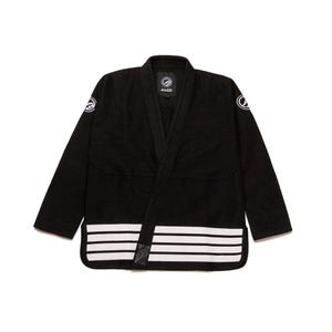 May include: Black Jiu-Jitsu gi with white stripes along the bottom and white circular logos on the sleeves. The gi has a V-neck design and a black belt. The brand name "Atama" is visible on the gi.