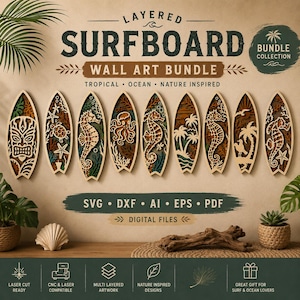 Surfbrett Wandkunst | Geschichtetes Holz SVG | Strand Bundle DXF | Multi Layer Laser Cut | Tropisches Ozean-Zeichen | Meeresschildkröte Dekor | Tiki | Scheibeora