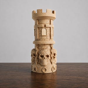 May include: A light brown, layered wooden sculpture shaped like a castle rook tower. The structure features a crenelated top, a central arched window, and a base decorated with three prominent, carved human skulls and vertical chain links.