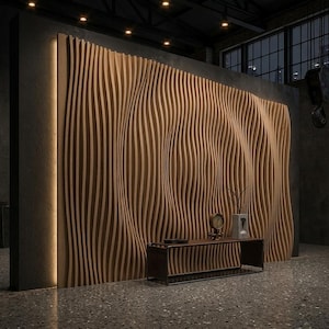 May include: A large wall installation featuring vertical light brown wooden slats with a wavy, three-dimensional texture. The wall is illuminated by a vertical strip of warm light on the left side and includes a low, dark brown wooden console table.