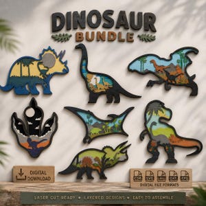 May include: A digital bundle of layered dinosaur designs for laser cutting. The set includes silhouettes of a triceratops, long-neck, pterodactyl, and T-rex, each containing detailed landscape scenes. Text includes DINOSAUR BUNDLE, DIGITAL DOWNLOAD, and file formats.