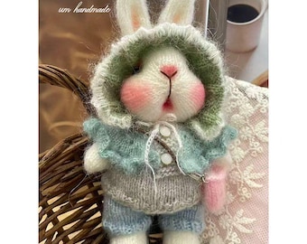 Handmade Wool Bunny Bag Charm, Knitted Rabbit Art Doll, Miniature Textile Gift