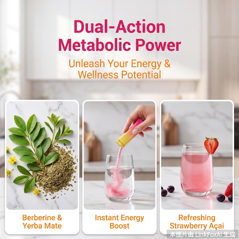 Puede incluir: Imagen que promociona un producto de salud con el texto "Dual-Action Metabolic Power". Muestra tres paneles: Berberina y Yerba Mate, Instant Energy Boost y Refrescante Fresa A&ccedil;ai. La imagen incluye un vaso de l&iacute;quido rosa con una fresa.