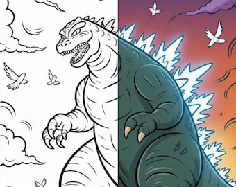 Kolorowanka Godzilla, 25 stron z potworami, Król Kaiju w formacie PDF (pobieranie cyfrowe)