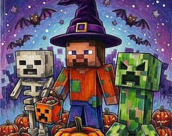 Libro para colorear de Halloween con estilo pixel art y bloques (descarga digital)