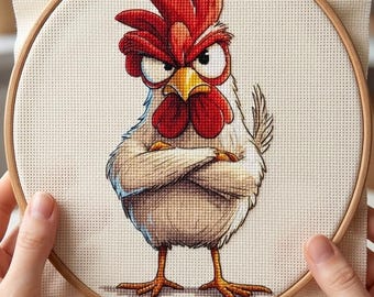 Angry Rooster Cross Stitch Pattern, Funny Chicken Needlepoint Chart (PDF Download)
