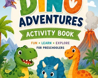 Książka z zadaniami „Przygody dinozaurów” dla przedszkolaków | Kolorowanka, labirynt, liczenie (wersja cyfrowa do pobrania)