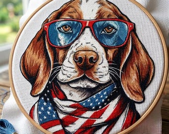 Patriotyczny wzór haftu krzyżykowego z psem rasy Beagle, haft z okazji 4 lipca
