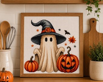 Ghost Witch Cross Stitch Pattern | Halloween Pumpkin Embroidery (PDF Download)